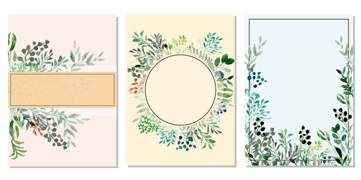 Vector invitation cards with foliage and branches frame