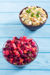 Traditional Russian salad olivier andvinaigrette