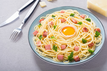 Itslian pasta carbonara with sausage and egg