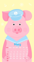 Calendar for May 2020. Week start on Sunday. Cute pig in a sailor suit visor and collar. Funny animal.