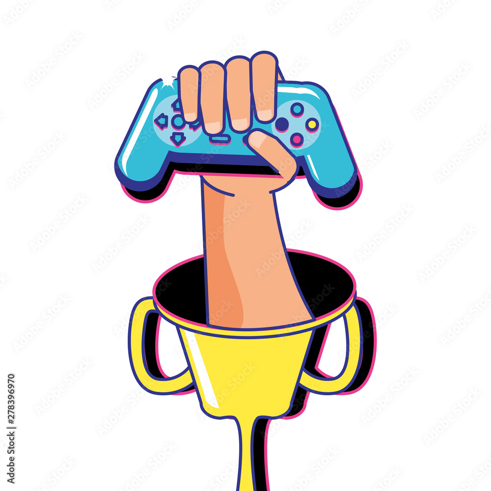 Sticker hand with video game control retro in trophy cup