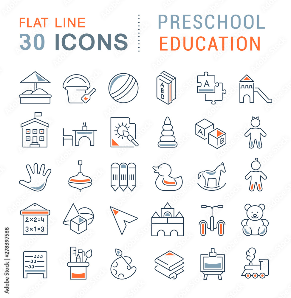 Sticker Set Vector Line Icons of Preschool Education