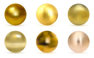 Gold glossy sphere set isolated on white. Golden ball. Realistic gold sphere. Set of pearls