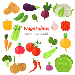 Vegetables color vector icons set. Flat design