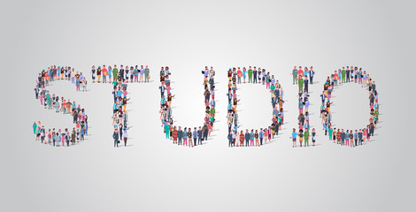 people crowd gathering in shape of studio word different occupation employees mix race workers group standing together social media community concept flat horizontal