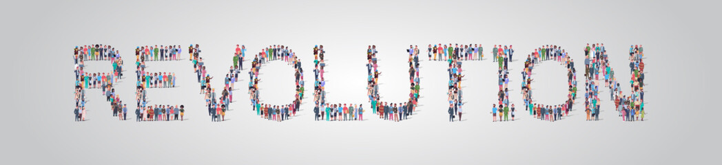 people crowd gathering in shape of revolution word different occupation employees mix race workers group standing together social media community concept flat horizontal