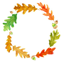 Beautiful autumn wreath. Hand drawn watercolor elements. Green, golden, orange and brown oak leaves and acorns