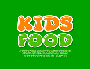 Vector original sign Kids Food. Cartoon style Alphabet Letters, Numbers and Symbols. funny Green Font