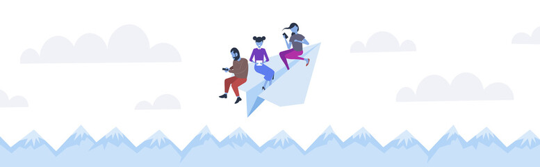 people flying on paper airplane mix race colleagues team using gadgets traveling together digital addiction concept mountains landscape background horizontal flat
