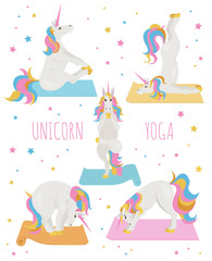 White unicorn yoga poses and exercises. Cute cartoon clipart set © a7880ss