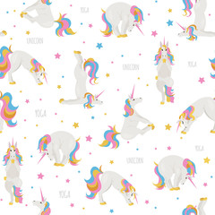 White unicorn yoga poses and exercises. Cute cartoon seamless pattern
