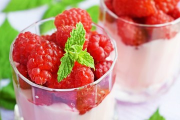 Delicious dessert of ripe raspberries.Healthy diet.