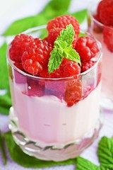 Delicious dessert of ripe raspberries.Healthy diet.
