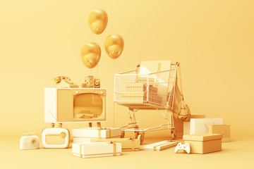 Supermarket shopping cart surrounding by giftbox with credit card and many gadget on yellow background. 3d rendering