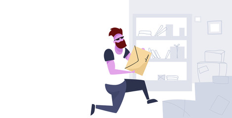 postman carrying envelope man holding important letter post office postal service correspondence delivery concept sketch doodle full length horizontal