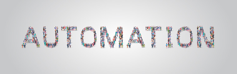 people crowd gathering in shape of automation word different occupation employees mix race workers group standing together social media community concept flat horizontal