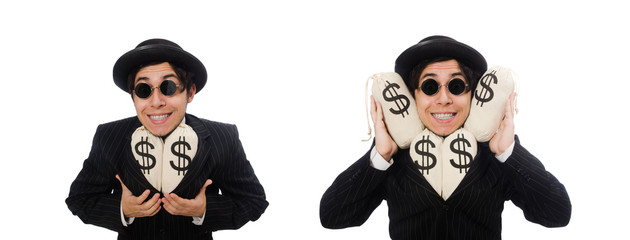 Young employee holding money bags isolated on white