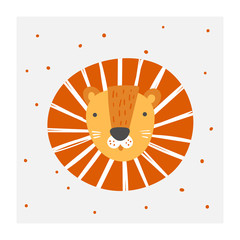 Baby shower doodle lion cute poster for kids. Card, postcard, print, picture with african animal