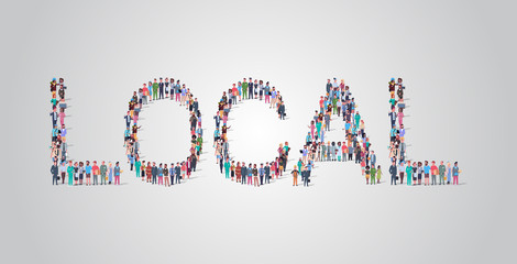 people crowd gathering in shape of local word different occupation employees mix race workers group standing together social media community concept flat horizontal