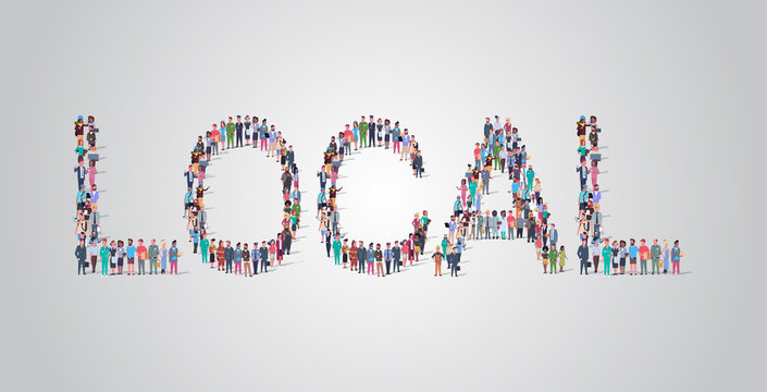 people crowd gathering in shape of local word different occupation employees mix race workers group standing together social media community concept flat horizontal