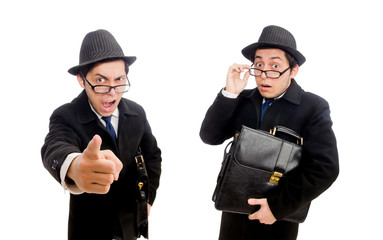 Young man holding suitcase isolated on white
