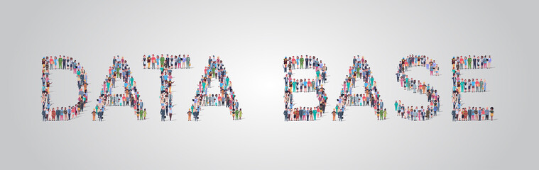 people crowd gathering in shape of data base word different occupation employees mix race workers group standing together social media community concept flat horizontal