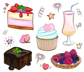 Set of desserts, watercolor style cake, vector illustration