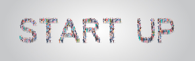 people crowd gathering in shape of start up word different occupation employees mix race workers group standing together social media community concept flat horizontal