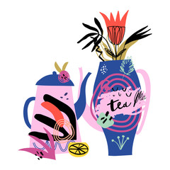 Tea time 5 o'clock concept. Hand drawn vintage print with teapots.
