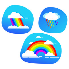 Cloud rainbow arc,rain shape blue sky.Cartoon vector flat.Concept decoration children room.Colorful striped.