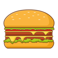 Double cheeseburger with tomato and lettuce leaves,cheese.Fast food hamburger fried beef cutlet.Roll bread with sesame.Vector flat cartoon.Icon isolated on white.