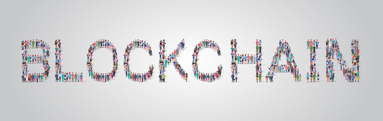 people crowd gathering in shape of blockchain word different occupation employees mix race workers group standing together social media community concept flat horizontal