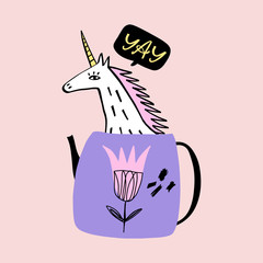 Hand drawn print with teapot and unicorn.