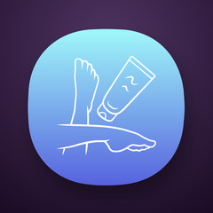 Moisturizing foot cream, sunblock app icon. Feminine hygiene, body care. UI/UX user interface. Web or mobile application. Vector isolated illustration. Cosmetology, skincare product, suntan protection