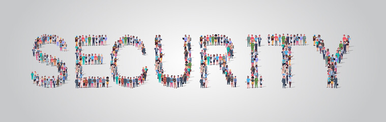people crowd gathering in shape of security word different occupation employees mix race workers group standing together social media community concept flat horizontal
