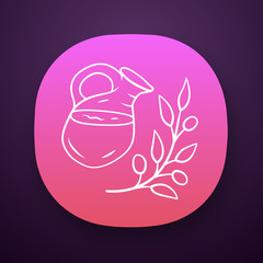 Herbal ice tea jar app icon. Summer natural refreshing drink UI/UX user interface. Organic and eco beverage. Web or mobile application. Glass jug and plant branch vector isolated illustration