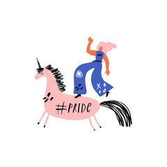 Girl riding a unicorn. Gay Pride LGBT concept vector.