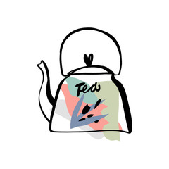 Tea time 5 o'clock concept. Hand drawn vintage print with teapot.