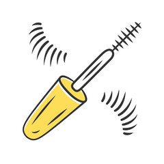 Mascara brush and false eyelashes color icon. Cosmetology product isolated vector illustration. Female fashion accessory. Makeup artist equipment, beautician tool. Glamorous eye makeover