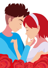 romantic couple hugging flowers roses