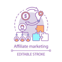 Affiliate marketing concept icon. Digital marketing tactic idea thin line illustration. Product promotion. Online sales strategy. Earning commissions. Vector isolated outline drawing. Editable stroke