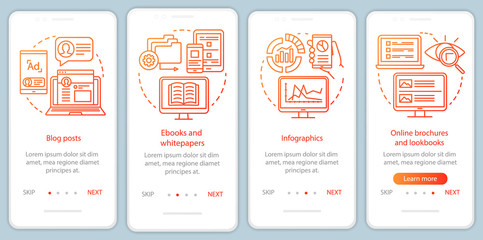 Awareness content orange onboarding mobile app page screen vector template. Blog posts walkthrough website steps with linear illustrations. UX, UI, GUI smartphone interface concept