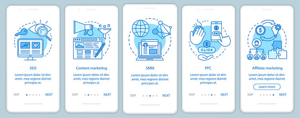 Digital marketing tactics blue onboarding mobile app page screen vector template. SEO,SMM, PPC walkthrough website steps with linear illustrations. UX, UI, GUI smartphone interface concept
