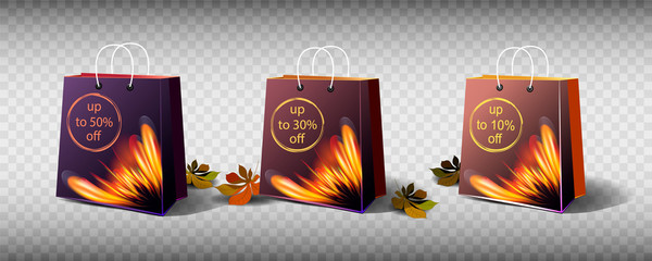  Autumn Sale. Three color packages with a beautiful fiery print, autumn leaves. On a transparent background.