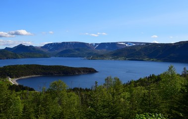 high angle view towards overlooking Norris Point and the Bonne Bay East Arm, scene on the Viking trail, Gros Morne National Park; Newfoundland and Labrador Canada