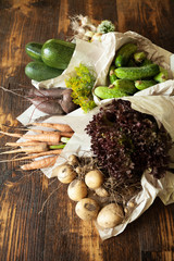 Disposable paper ecological packaging for vegetables. Fresh organic products and waste free lifestyle.
