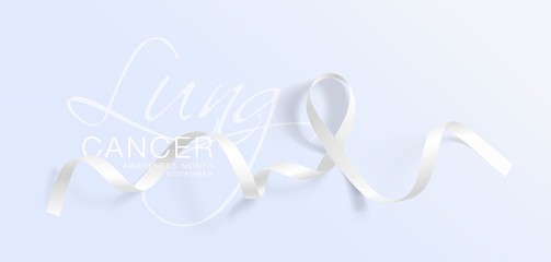 Lung Cancer Awareness Calligraphy Poster Design. Realistic White Ribbon. November is Cancer Awareness Month. Vector Illustration