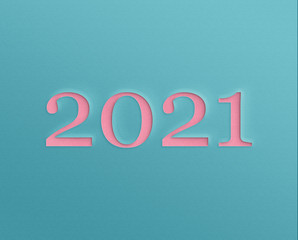Number 2021 in pink on blue paper effect