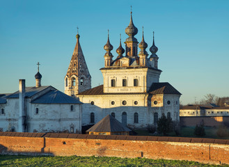 Fototapeta na wymiar Cathedral of Michael Archangel and bell tower at monastery of Michael Archangel in Yuryev-Polsky. Vladimir oblast. Russia