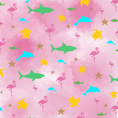 Pink Summer Background, Flamingos, Sharks, Dolphins, Turtles, Pink Watercolor